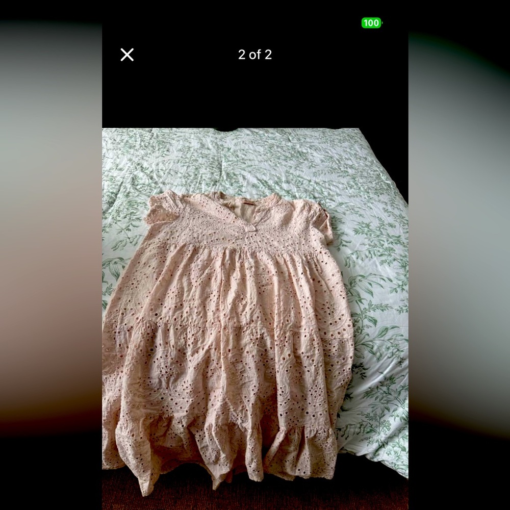 Light pink puff sleeve short sleeve v neck with buttons midi dress crocheted.